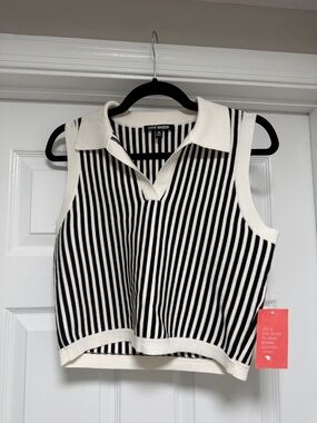 Steve Madden Black & White Vertical Stripe Sleeveless Polo